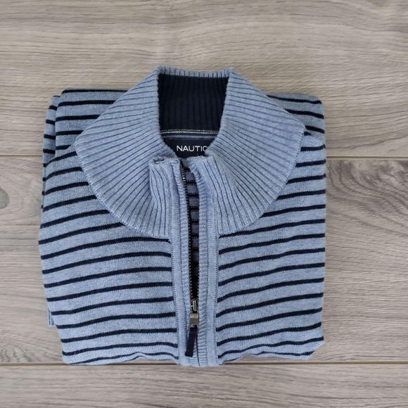 Nautica Mock Turtleneck Striped Knit Pullover Sweater Blue Size Medium - Picture 10 of 11
